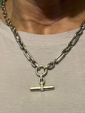 DY Sterling Silver Lexington Link Necklace with Diamonds, 19"